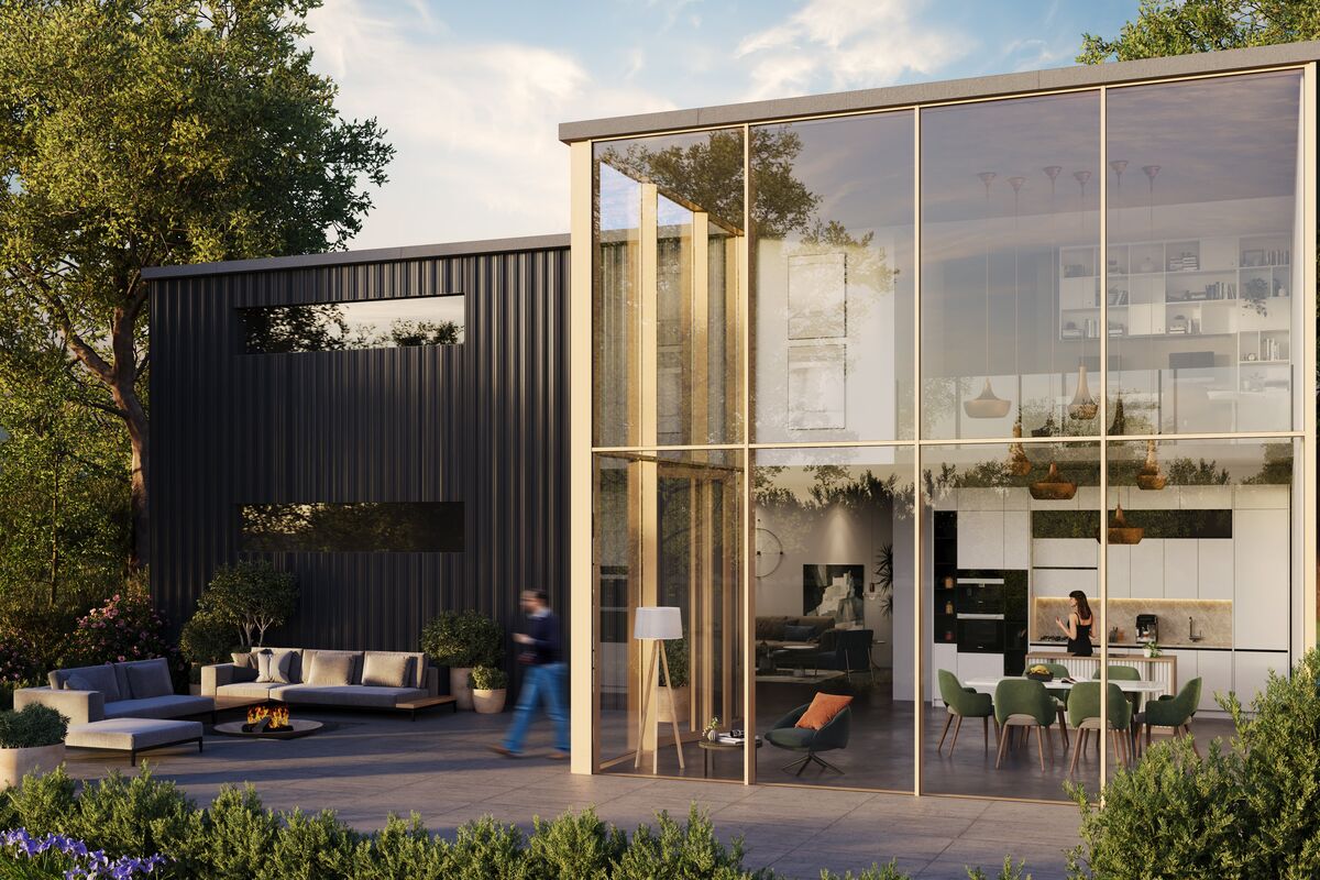 Architecturale weergave van een moderne privéwoning met glazen gevels van vloer tot plafond.