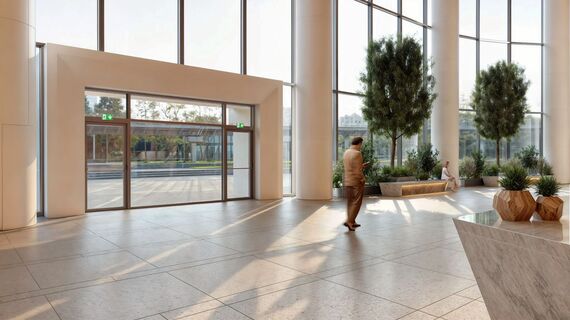 inkom van kantoorgebouw met brandwerend schrijnwerk